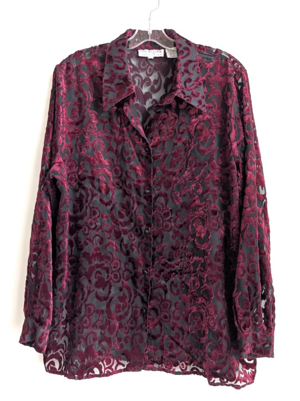 Vintage 90s Burnout Velvet Sheer Button Up Blouse | Size XL